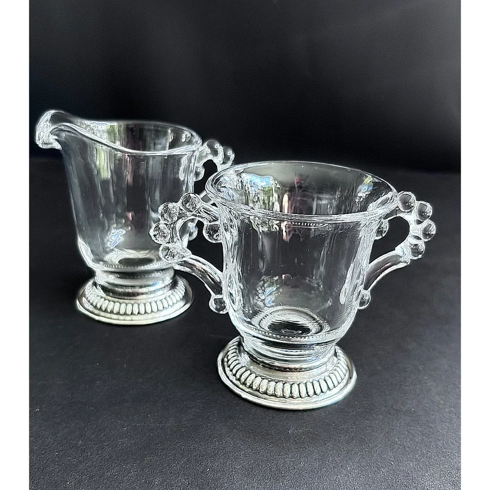 Imperial Glass Candlewick Cream & Sugar Sterling Silver Non-weigted Bases